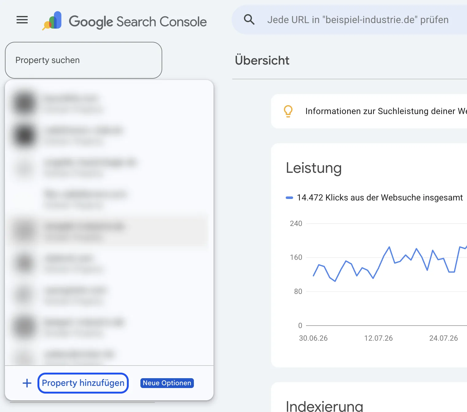 Search Console: Property-Auswahl oben links geöffnet, Eintrag „Property hinzufügen“ markiert