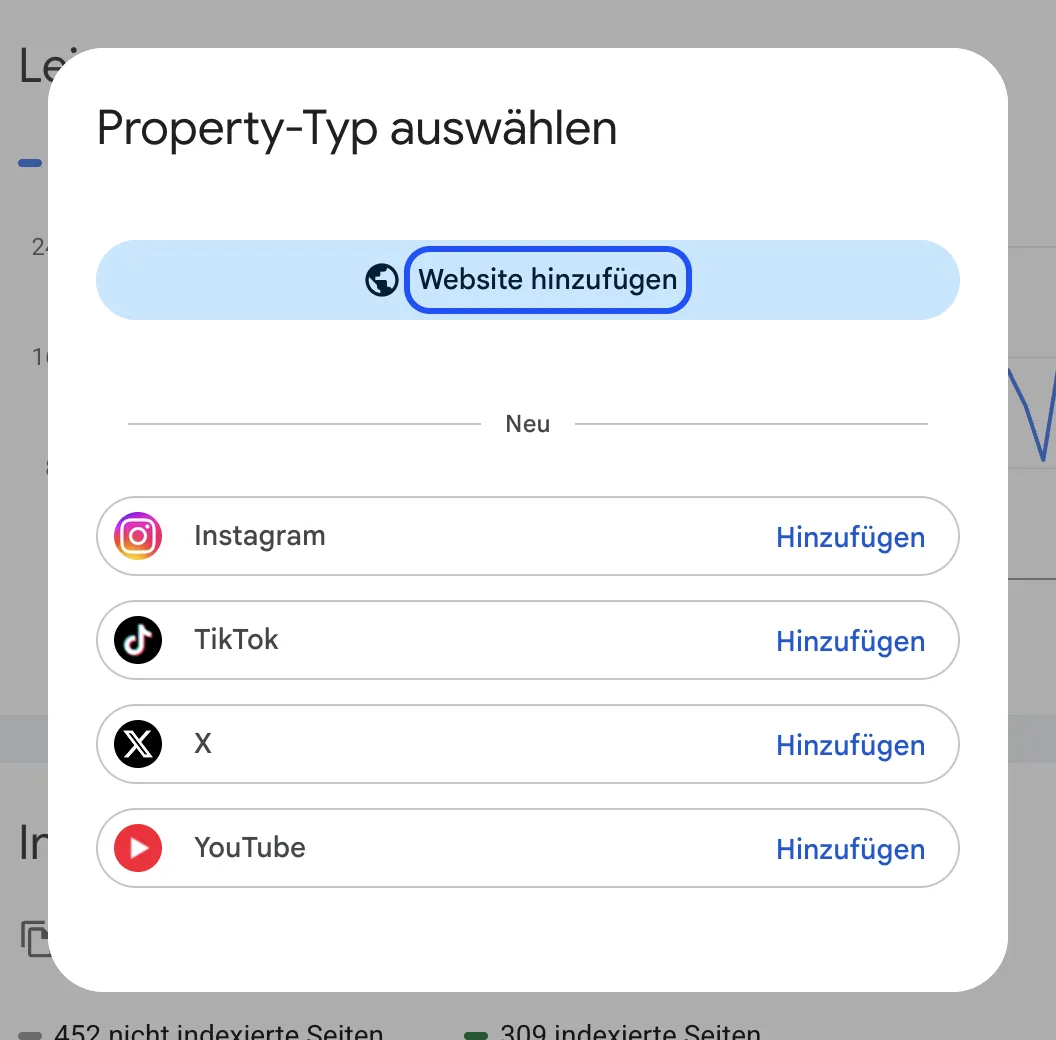 Search Console: Dialog „Property-Typ auswählen“ mit Website, Instagram, TikTok, X und YouTube