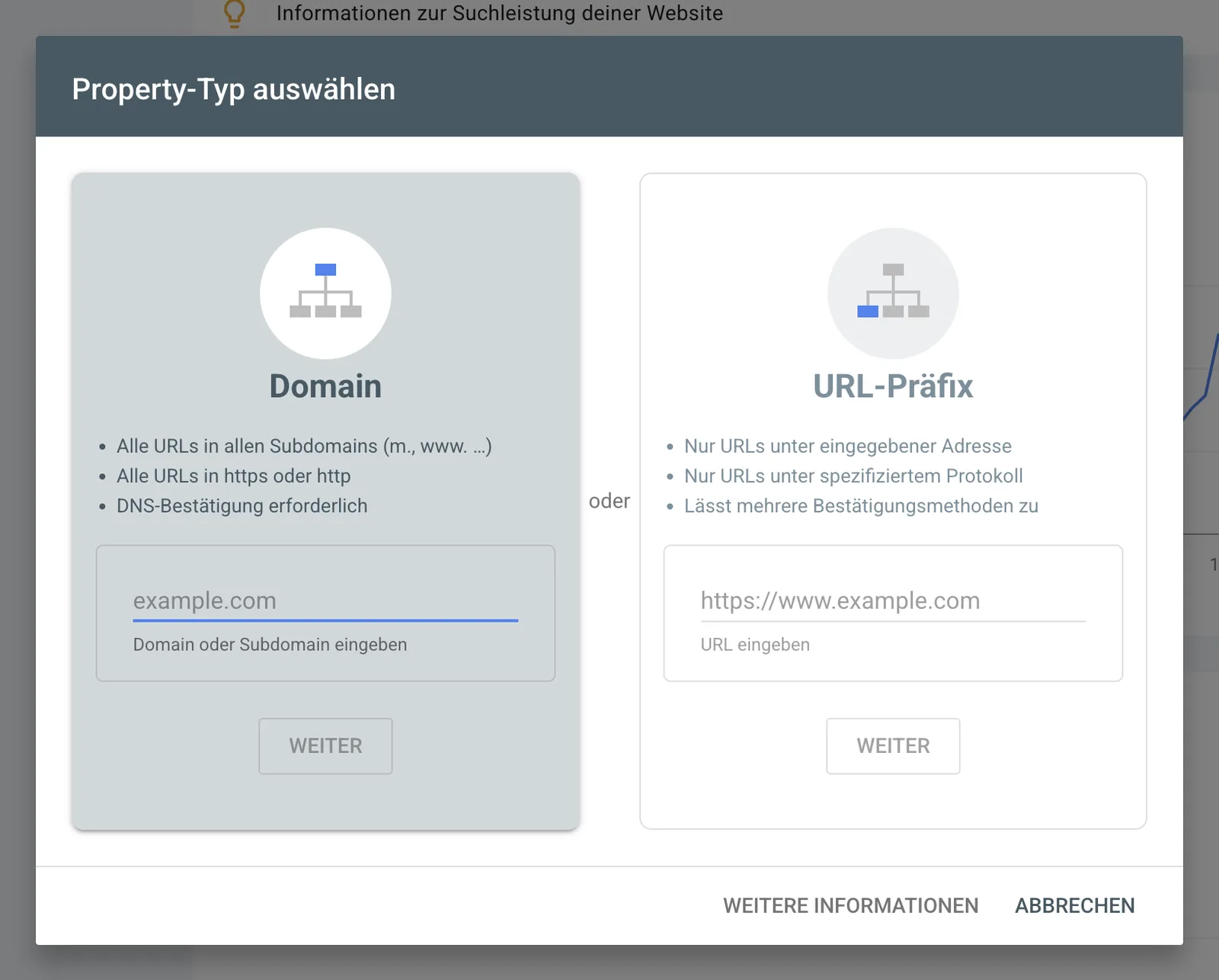 Search Console: Auswahl zwischen Domain-Property und URL-Präfix-Property