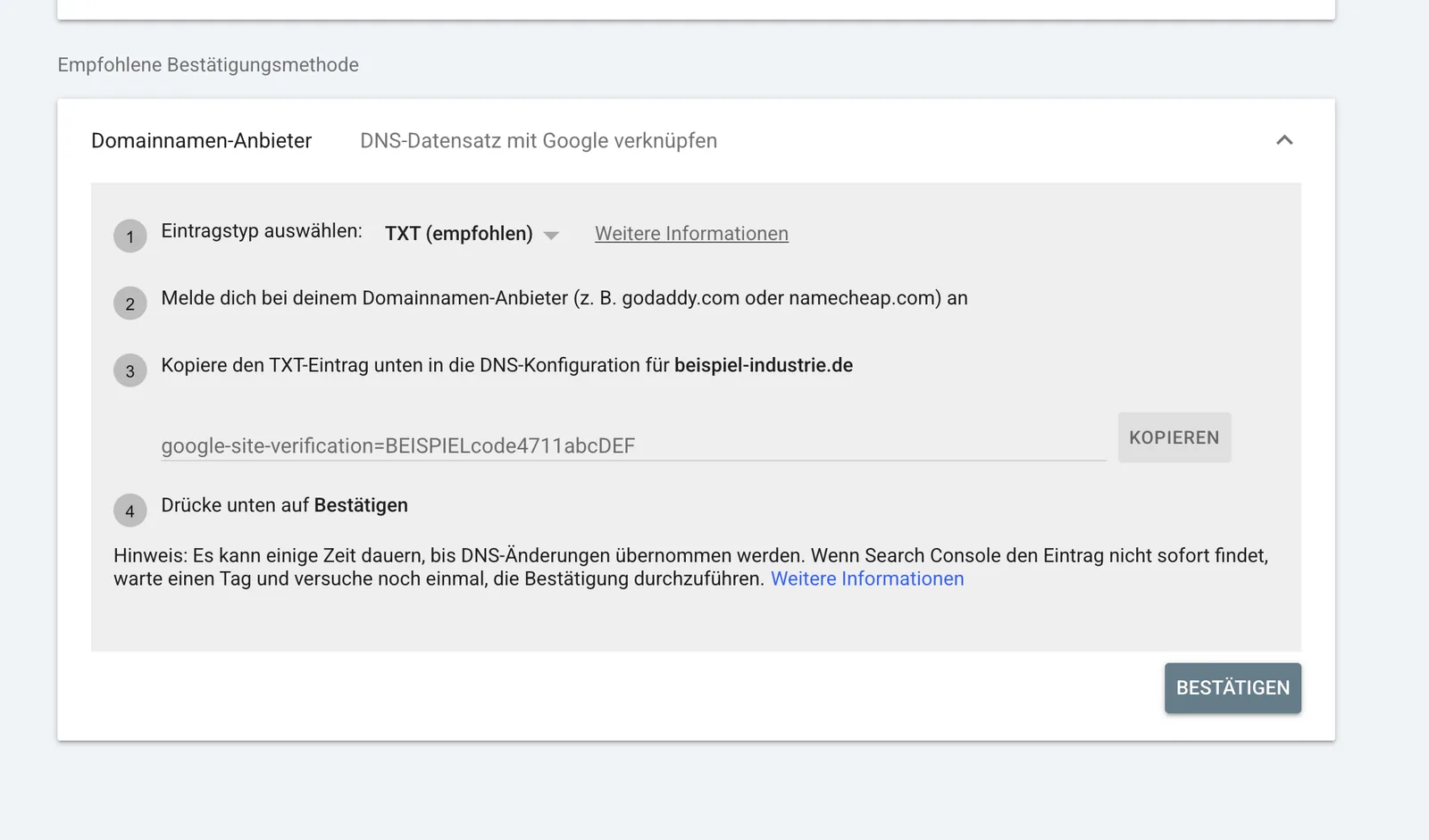 Search Console: Bestätigung per DNS-Eintrag mit TXT-Code zum Kopieren