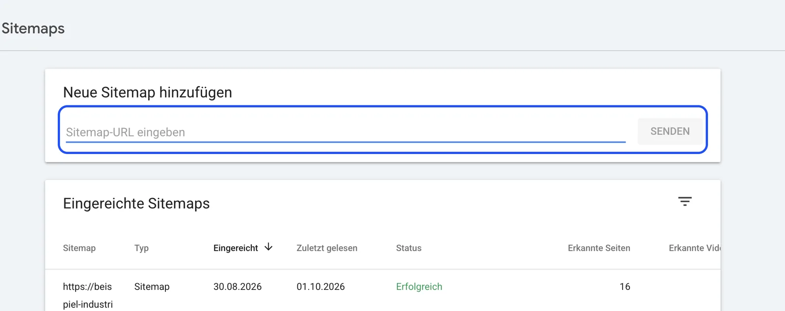Search Console: Bericht Sitemaps mit Feld „Neue Sitemap hinzufügen“