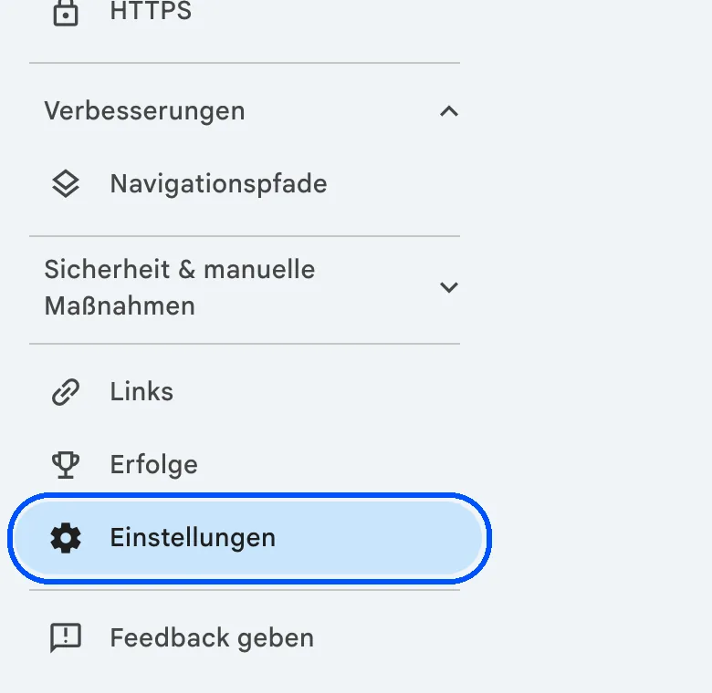 Search Console: Menüpunkt „Einstellungen“ in der linken Leiste markiert