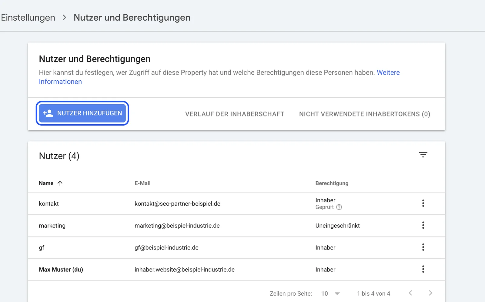 Search Console: Seite „Nutzer und Berechtigungen“ mit Nutzerliste und Knopf „Nutzer hinzufügen“