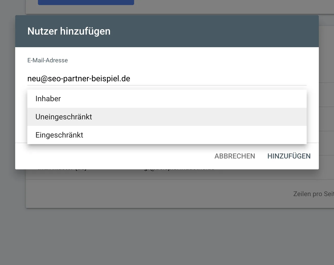 Search Console: Dialog „Nutzer hinzufügen“ mit Auswahl Inhaber, Uneingeschränkt, Eingeschränkt