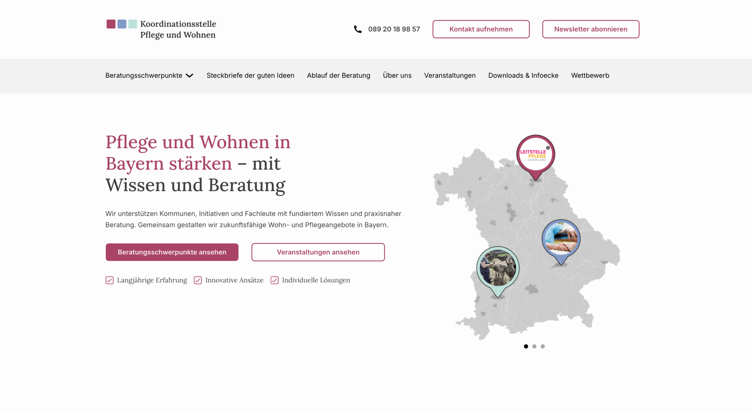 Startseite der neuen Website der Koordinationsstelle Pflege und Wohnen Bayern