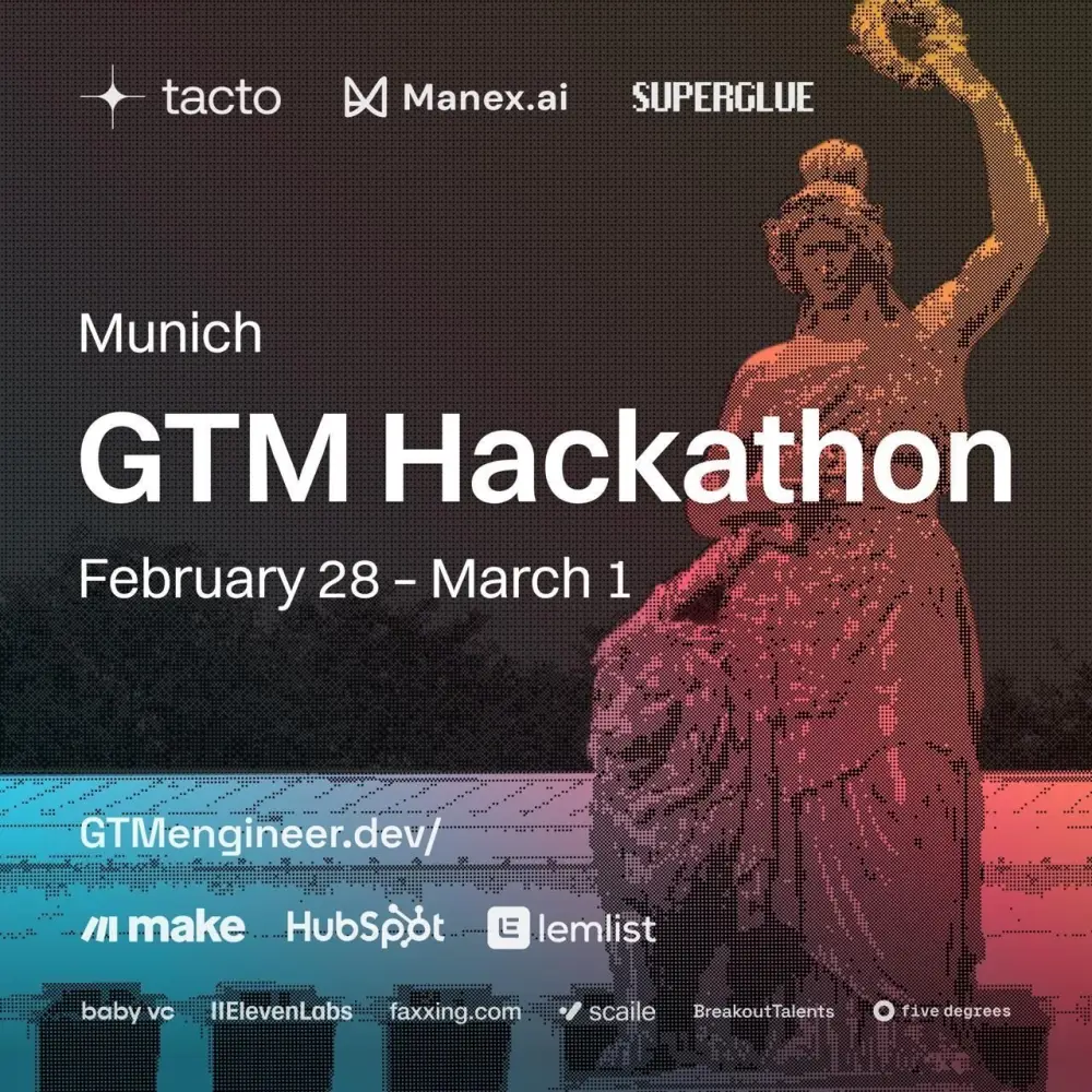 Plakat des GTM Hackathon München vom 28. Februar bis 1. März 2026 mit den Logos von Tacto, Manex.ai und Superglue