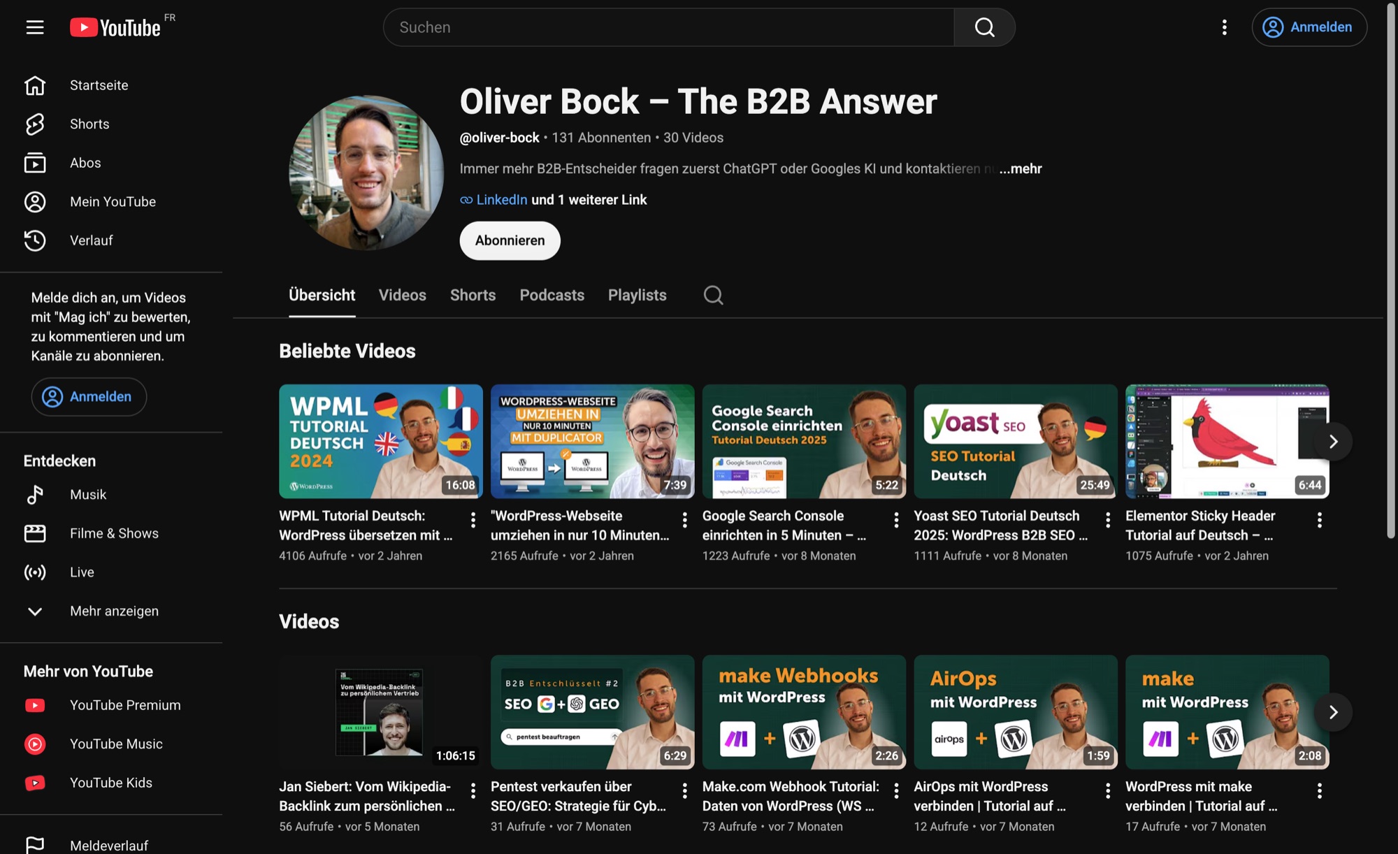 YouTube-Kanal von Oliver Bock: 30 Tutorials zu WordPress, SEO und KI-Suche