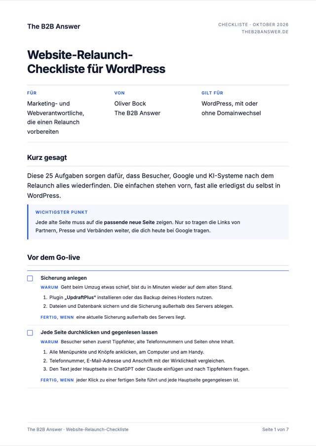 Erste Seite der Website-Relaunch-Checkliste als PDF
