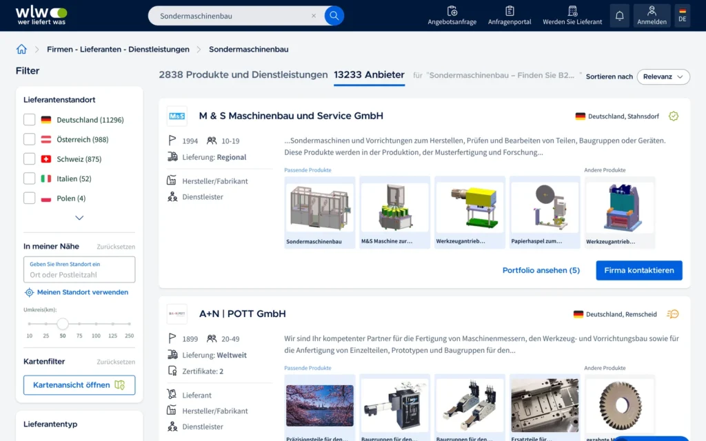 Trefferliste „Sondermaschinenbau“ auf wlw.de: 13.233 Anbieter, sichtbar sind die ersten zwei Firmen mit Produkten